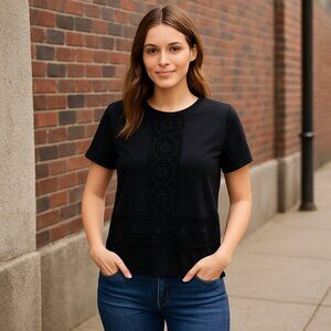 Sandro Paris Balck Short Sleeve Crochet Blouse Mock Neck Scallop Size 1